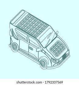Editable Outline Style Isometric-like Three-Quarter Top Oblique Side Front View Electric Car With Solar Panel for Futuristic Eco-friendly Vehicle and Green Life or Renewable Energy Campaign