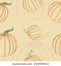 Editable Outline Style Pumpkins Vector Illustration in Various Positions as Seamless Pattern for Creating Background of Thanksgiving Day Related Design