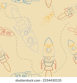 Editable Outline Style Rocket on Space Vector Illustration in Various Colors with Dashed Lines as Seamless Pattern for Creating Background of Astronomy or Kids Art Related Design