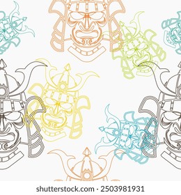 Editable Outline Style Samurai Ancient Japanese Warrior Face Mask Vector Illustration Seamless Pattern in Various Colors for Creating Background of Tourism Travel and Historical or Cultural Education