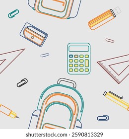 Editable Outline Style School Stuffs Vector Illustration Icons as Seamless Pattern for Creating Background and Decorative Element of Education Related Design