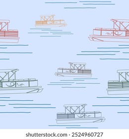 Estilo de contorno editável SemiOblíquo Vista lateral Pontoon Boat Vetor Ilustração com várias cores como padrão contínuo para a criação de fundo de transporte ou recreação relacionada Design