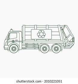 Editable Outline Style Side View Garbage Trucks Vector Illustration For Green Life And Environment Cleanliness Related Purposes