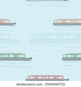 Editable Outline Style Side View Narrow Boat Vector Illustration With Water Waves Seamless Pattern for Creating Background of Transportation or Recreation of United Kingdom or Europe