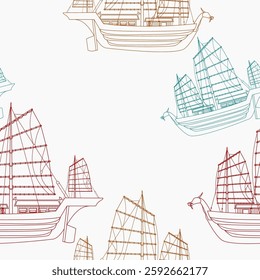 Editable Outline Style Side View Ancient Japanese Ship Vector Illustration in Various Colors as Seamless Pattern for Creating Background of Transportation and Cultural Education Related Design