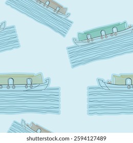 Editable Outline Style Side View Indian Kerala Houseboat Vector Illustration on Wavy Lake Seamless Pattern for Creating Background of Transportation or Recreation of Southwestern India