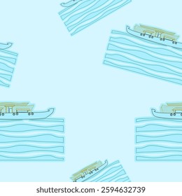 Editable Outline Style Side View Indian Keralan Houseboat Vector Illustration on Wavy Lake Seamless Pattern for Creating Background of Recreation or Transportation of Southwestern India