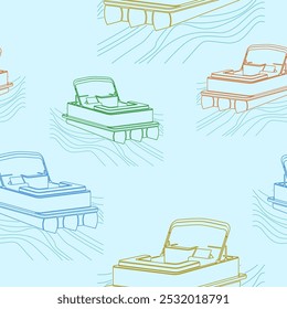 Editable Outline Style Three-Quarter Semi Top Oblique Front View American Pontoon Boat on Wavy Lake Vector Illustration Seamless Pattern for Creating Transportation or Recreation Related Background