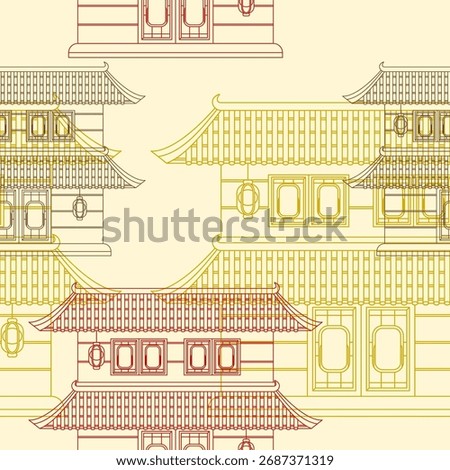Editable Outline Style Two Roofs Traditional Chinese Building Vector Illustration in Various Colors as Seamless Pattern for Creating Background of Oriental History and Culture Related Design