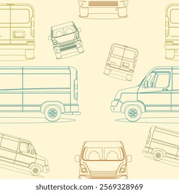 Editable Outline Style of Various Colors and Views Cargo Delivery Van Vector Illustration Seamless Pattern for Creating Background of Transportation Vehicle or Shipping Business Related Design