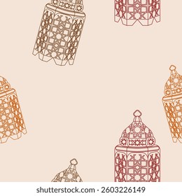 Editable Outline Style With Various Colors Arabian Lamps Vector Illustration as Seamless Pattern for Creating Background of Islamic Occasional Theme Such as Ramadan and Eid or Arab Culture