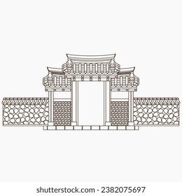 Editable Outline Style Vector Illustration of Traditional Korean Hanok Gate Building for Artwork Element of Oriental History and Culture Related Design