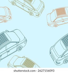Editable Outline Top Oblique Back View Electric Cars With Solar Panel Vector Illustration Seamless Pattern for Background of Futuristic Eco-friendly Vehicle and Green Life or Renewable Energy Campaign