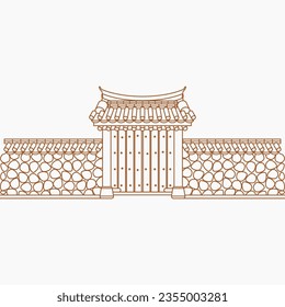 Editable Outline Traditional Korean Hanok Gate Building Vector Illustration for Artwork Element of Oriental History and Culture Related Design