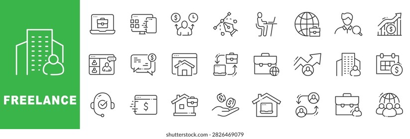 Editable outline vector efficient freelance icons depicting remote workspace, portfolio management, invoice and booking, earnings analytics, scheduling, networking and consulting