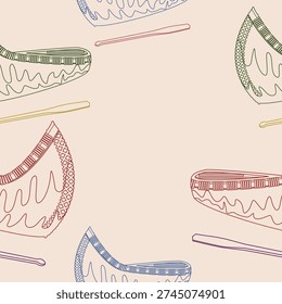 Editable Outline Vector of Oblique View Native American Canoe With Paddle Illustration in Various Colors as Seamless Pattern for Creating Background of Traditional Culture and History Related Design