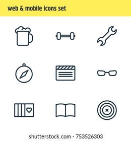 Editable Pack Of Ale, Dartboard, Barbell And Other Elements.  Vector Illustration Of 9 Hobby Outline Icons. 
