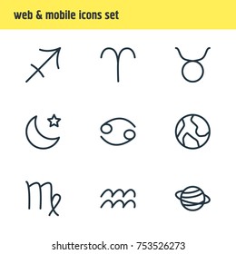 Editable Pack Of Archer, Bull, Saturn And Other Elements.  Vector Illustration Of 9 Astrology Outline Icons. 