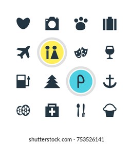 Editable Pack Of Cafe, Aircraft, Drugstore And Other Elements.  Vector Illustration Of 16 Location Icons. 