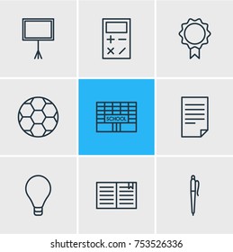 Editable Pack Of Calculate, Football, Pencil And Other Elements.  Vector Illustration Of 9 Studies Outline Icons. 