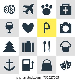 Editable Pack Of Car Park, Cafe , Handbag Elements.  Vector Illustration Of 16 Location Icons. 