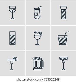 Editable Pack Of Champagne, Juice, Aqua And Other Elements.  Vector Illustration Of 9 Drinks Outline Icons. 