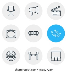 Editable Pack Of Cinema Fence, Shooting Seat, Megaphone And Other Elements.  Vector Illustration Of 9 Cinema Outline Icons. 