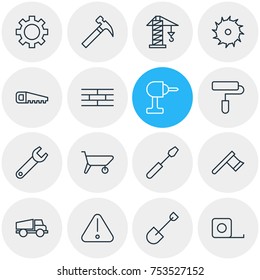 Editable Pack Of Circle Blade, Cogwheel, Hacksaw And Other Elements.  Vector Illustration Of 16 Construction Outline Icons. 