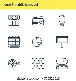 Editable Pack Of Cloud Distribution, Circle Diagram, Schedule And Other Elements.  Vector Illustration Of 9 Advertising Outline Icons. 