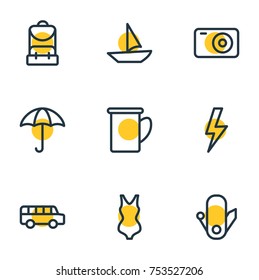 Editable Pack Of Corkscrew, Cup, Transportation And Other Elements.  Vector Illustration Of 9 Tourism Outline Icons. 