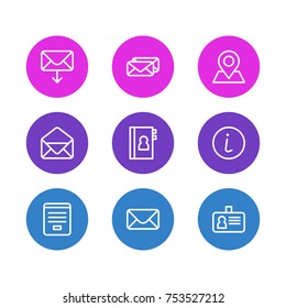 Editable Pack Of Correspondence, Epistle, Information And Other Elements.  Vector Illustration Of 9 Contact Outline Icons. 