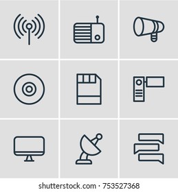 Editable Pack Of Diskette, Megaphone, Conversation And Other Elements.  Vector Illustration Of 9 Music Outline Icons. 