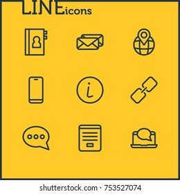 Editable Pack Of Envelope, Copybook, Location And Other Elements.  Vector Illustration Of 9 Contact Outline Icons. 