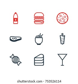 Editable Pack Of Filtered Water, Martini, Patisserie And Other Elements.  Vector Illustration Of 9 Food Outline Icons. 