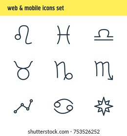 Editable Pack Of Fishes, Zodiac Sign, Lion And Other Elements.  Vector Illustration Of 9 Galaxy Outline Icons. 