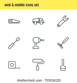 Editable Pack Of Hacksaw, Harrow, Paintbrush And Other Elements.  Vector Illustration Of 9 Structure Outline Icons. 