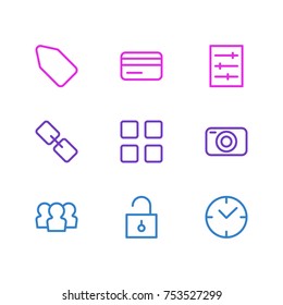 Editable Pack Of Label, Photo Apparatus, Payment And Other Elements.  Vector Illustration Of 9 Annex Outline Icons. 