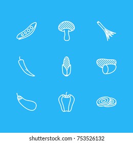 Editable Pack Of Maize, Aubergine, Tuber And Other Elements.  Vector Illustration Of 9 Food Outline Icons. 