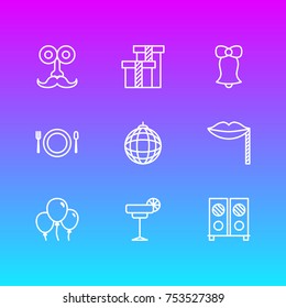 Editable Pack Of Man Style, Jingle, Carnaval Mask And Other Elements.  Vector Illustration Of 9 Party Outline Icons. 