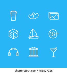 Editable Pack Of Museum, Picture, Plastic Cup And Other Elements.  Vector Illustration Of 9 Entertainment Outline Icons. 