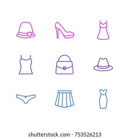 Editable Pack Of Panties, Fedora, Handbag Elements.  Vector Illustration Of 9 Clothes Outline Icons. 