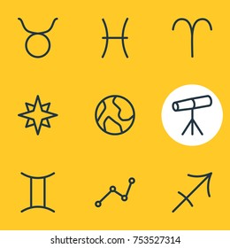 Editable Pack Of Planet, Favorite, Zoom Glass And Other Elements.  Vector Illustration Of 9 Galaxy Outline Icons. 