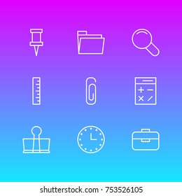 Editable Pack Of Portfolio, Watch, Paperclip And Other Elements.  Vector Illustration Of 9 Instruments Outline Icons. 