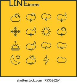 Editable Pack Of Rainy, Rain, Snow And Other Elements.  Vector Illustration Of 16 Sky Outline Icons. 