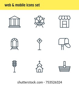 Editable Pack Of Road Sign, Semaphore, Building And Other Elements.  Vector Illustration Of 9 City Outline Icons. 