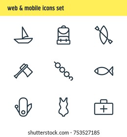 Editable Pack Of Rucksack, Yacht, Candy Elements.  Vector Illustration Of 9 Camp Outline Icons. 