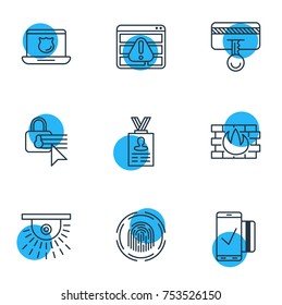 Editable Pack Of Safety Key, Network Protection, Finger Identifier And Other Elements.  Vector Illustration Of 9 Protection Outline Icons. 