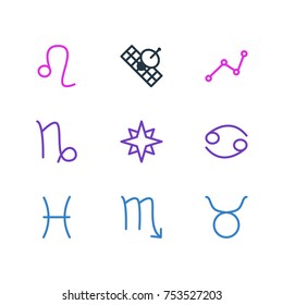 Editable Pack Of Satellite, Crab, Lion And Other Elements.  Vector Illustration Of 9 Constellation Outline Icons. 