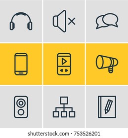 Editable Pack Of Silence, Cellphone, Megaphone And Other Elements.  Vector Illustration Of 9 Media Outline Icons. 