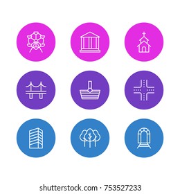 Editable Pack Of Skyscraper, Courthouse, Forest And Other Elements.  Vector Illustration Of 9 Public Outline Icons. 